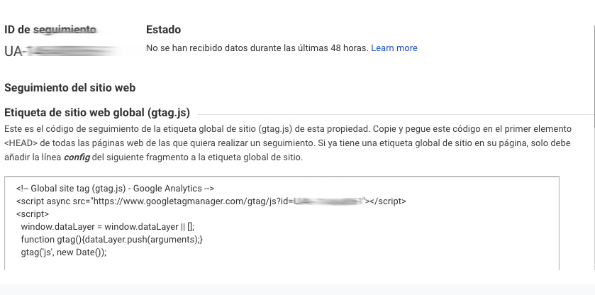 Pantalla de Google Analytics donde aparece el código de seguimiento